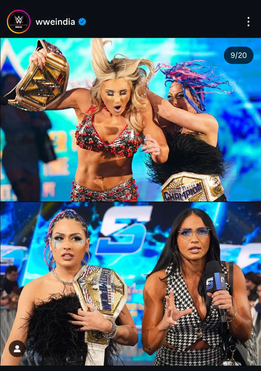 WWE女子王者スティファニー・ストラットン（上段左）を襲撃するジュリア（同右）。代理人キアナ・ジェームズ（下段右）と並ぶジュリア（WWEインド公式インスタグラムから）