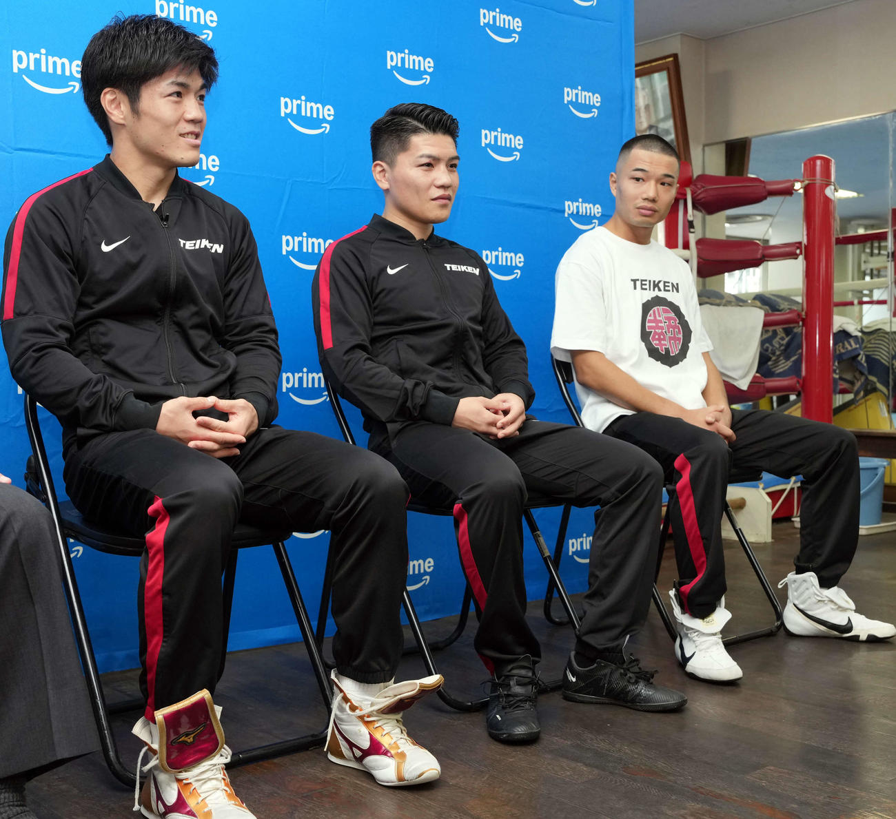 「PRIME VIDEO BOXING 14」カード発表会見に登場する、左から中野幹士、坪井智也、増田陸（撮影・小島史椰）
