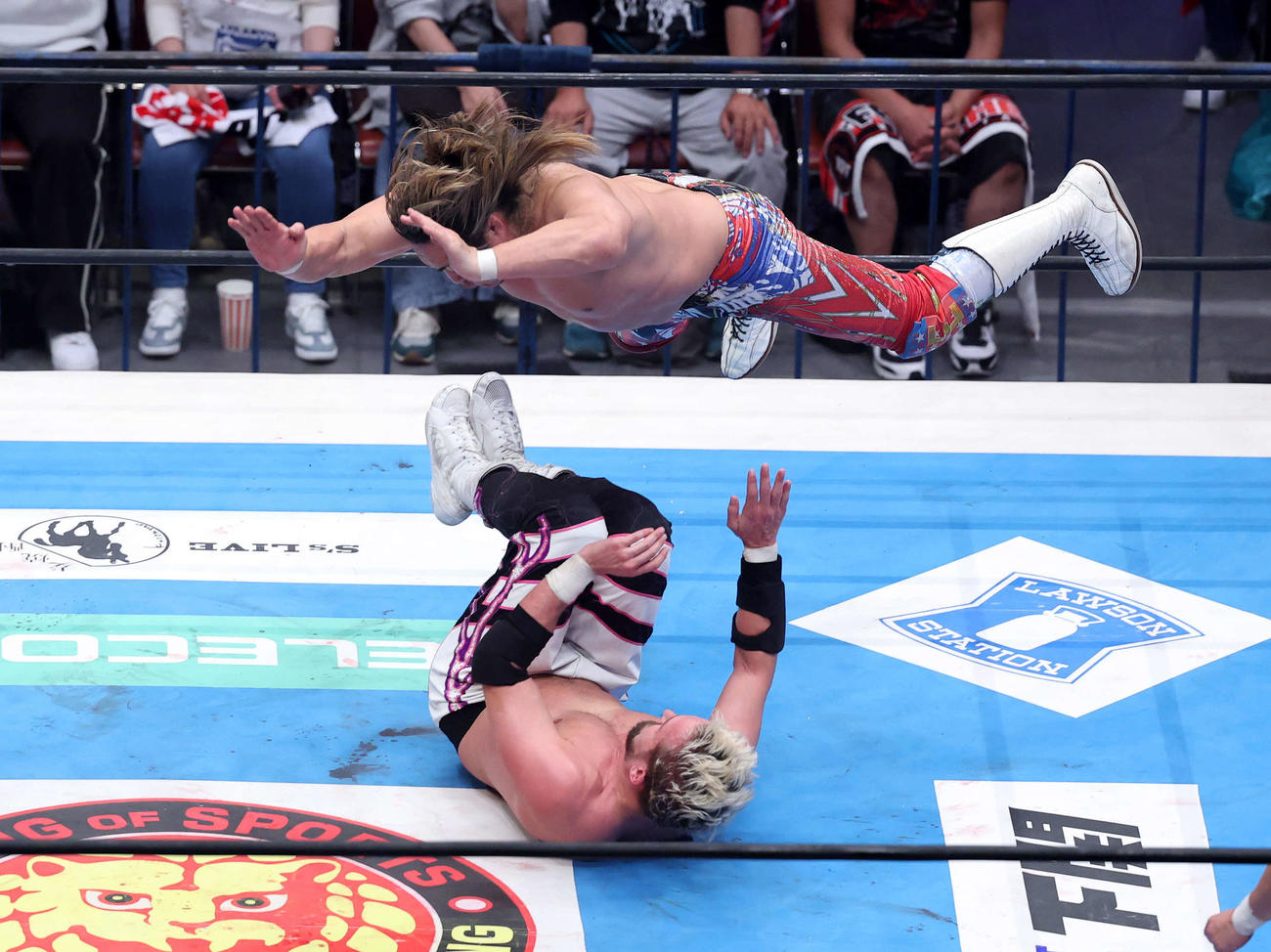 NJPW WORLD認定TV選手権　エル・ファンタズモ（下）を攻める棚橋弘至（撮影・鈴木正人）