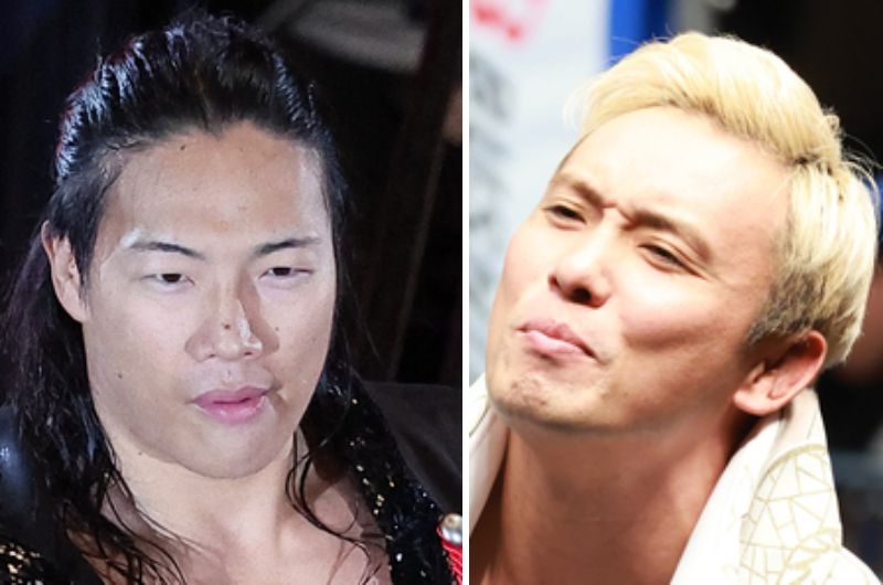 左から竹下幸之介とオカダ・カズチカ