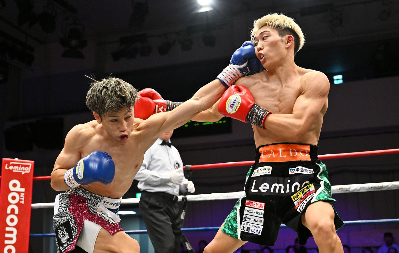 2回、パンチを交錯させる坂田（左）と荒竹（撮影・滝沢徹郎）