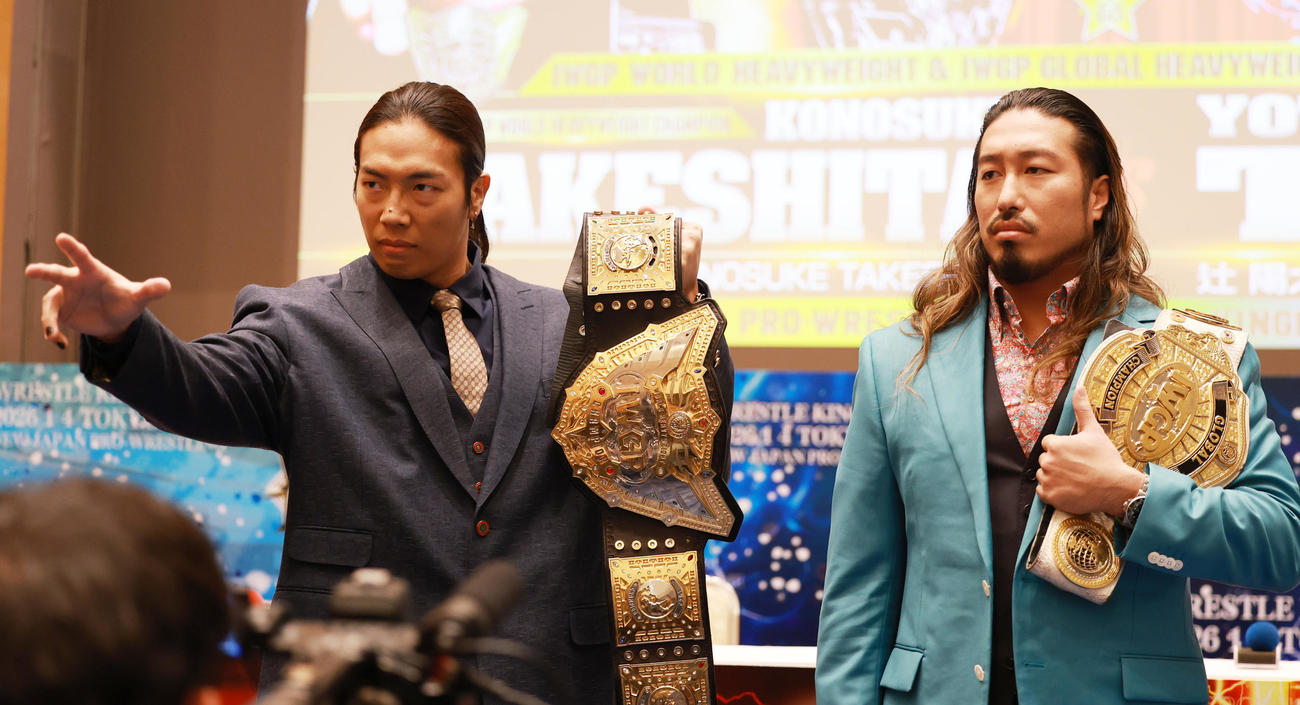 来年1月4日の東京ドーム大会で対戦するKONOSUKE TAKESHITA（左）と辻陽太（撮影・野上伸悟）