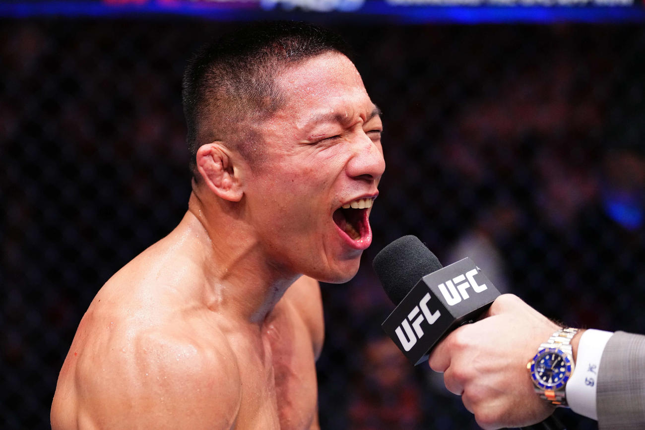 同門のUFCフライ級王者アレシャンドレ・パントージャの名を挙げ、対戦を呼びかけた堀口恭司（C）Zuffa LLC／UFC