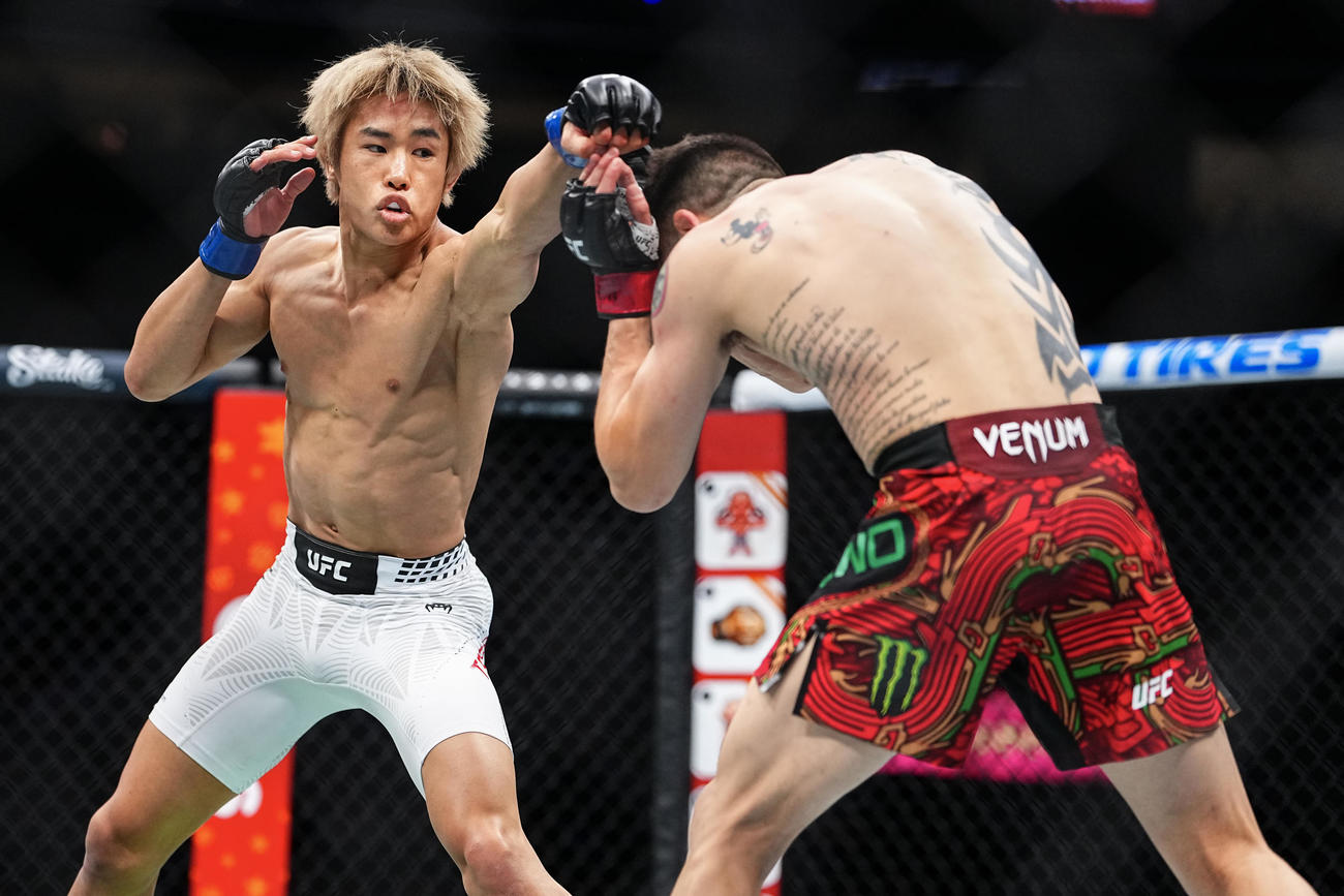 元UFCフライ級王者ブランドン・モレノ（右）と打撃で競り合う同級5位平良達郎（C）Zuffa LLC／UFC