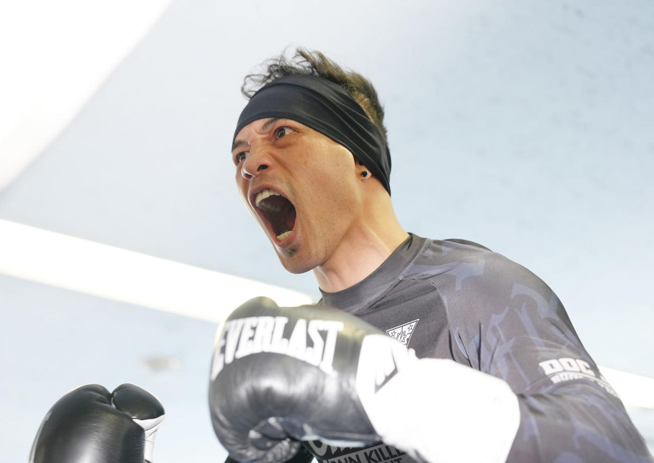 練習公開したドネアはカメラに雄たけびを上げる（撮影・足立雅史）