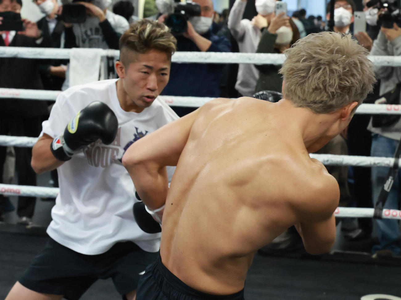 兄・井上尚弥（右）とマススパーリングを行った井上拓真（撮影・中島郁夫）