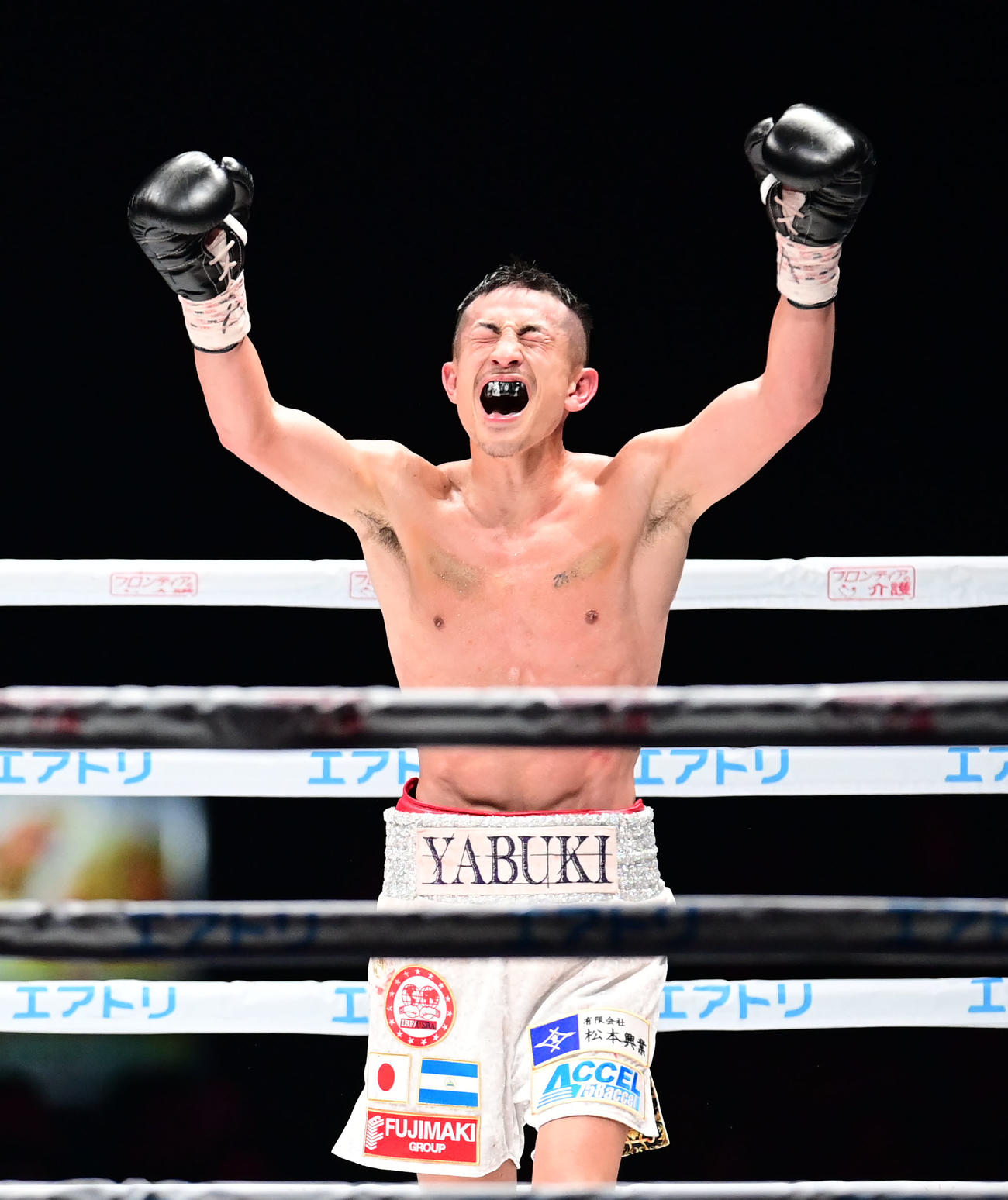 12回、アルバラードにKO勝利し喜ぶ矢吹（撮影・森本幸一）