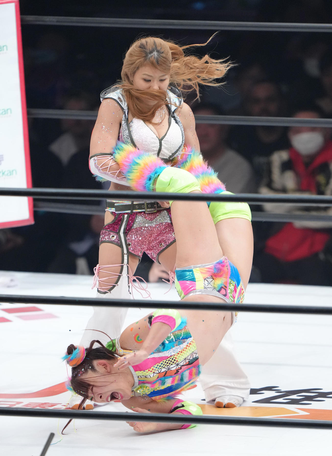 フワちゃん再デビュー戦　フワちゃん（下）は葉月の攻撃に苦しむ（撮影・足立雅史）
