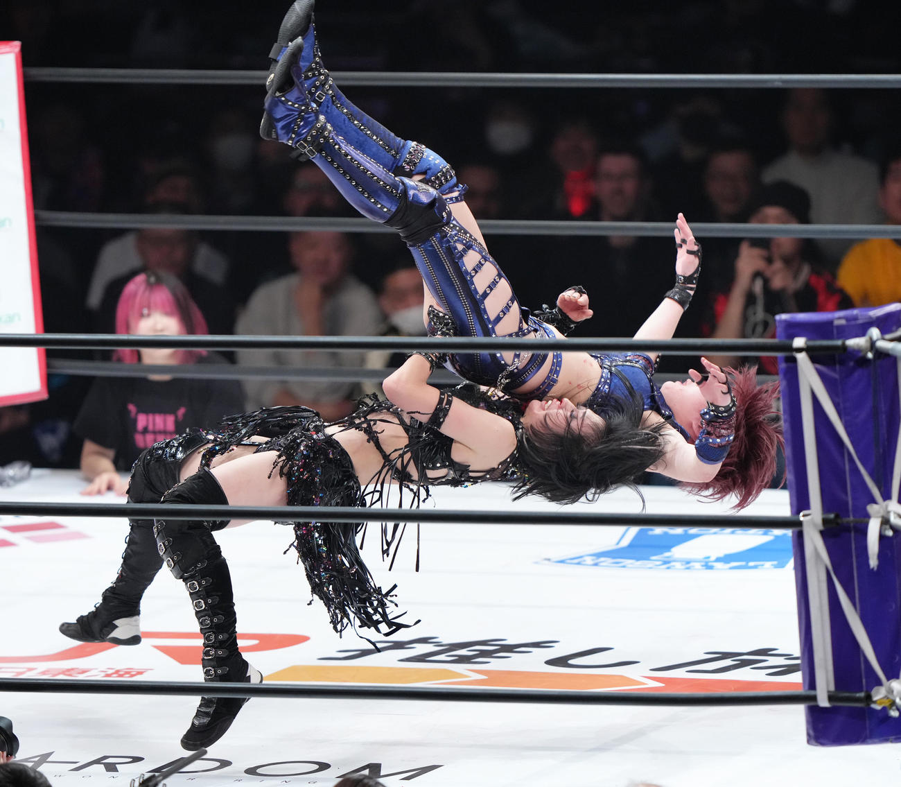 ワールド・オブ・スターダム選手権試合　安納（右）を攻める上谷（撮影・足立雅史）