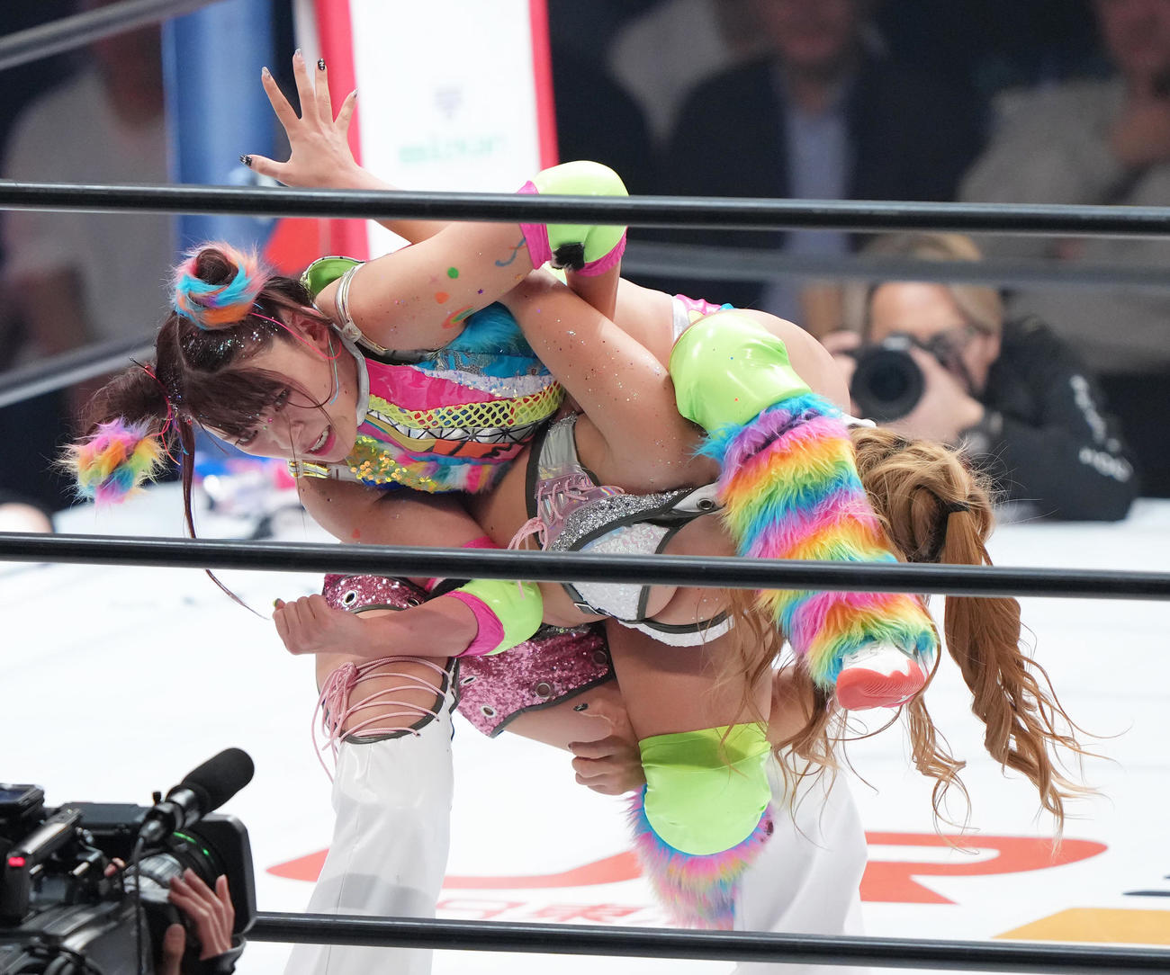 フワちゃん再デビュー戦　フワちゃん（左）は葉月を攻める（撮影・足立雅史）