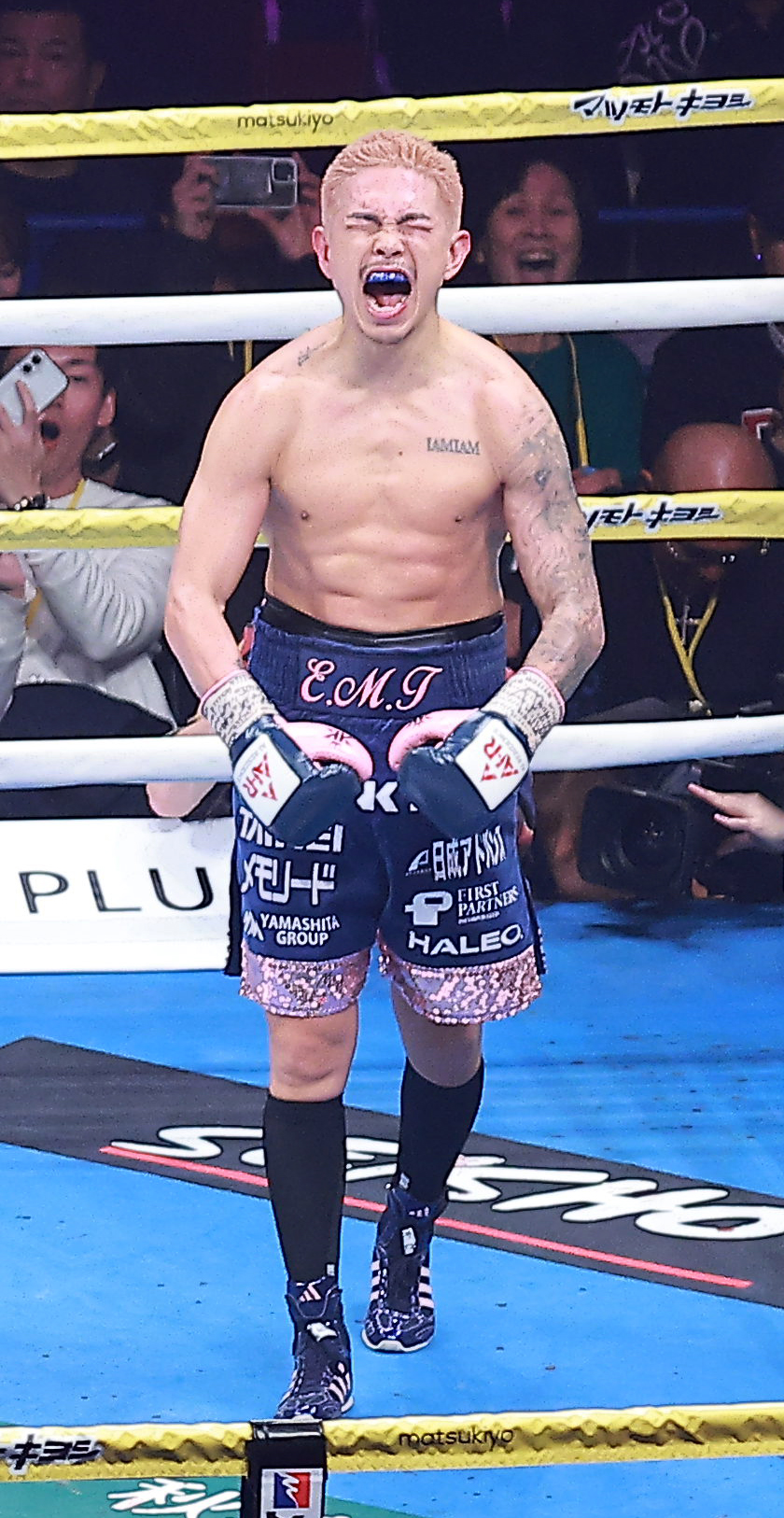 オルドスゴイッティをKOで下し雄たけびを上げる井岡（撮影・中島郁夫）