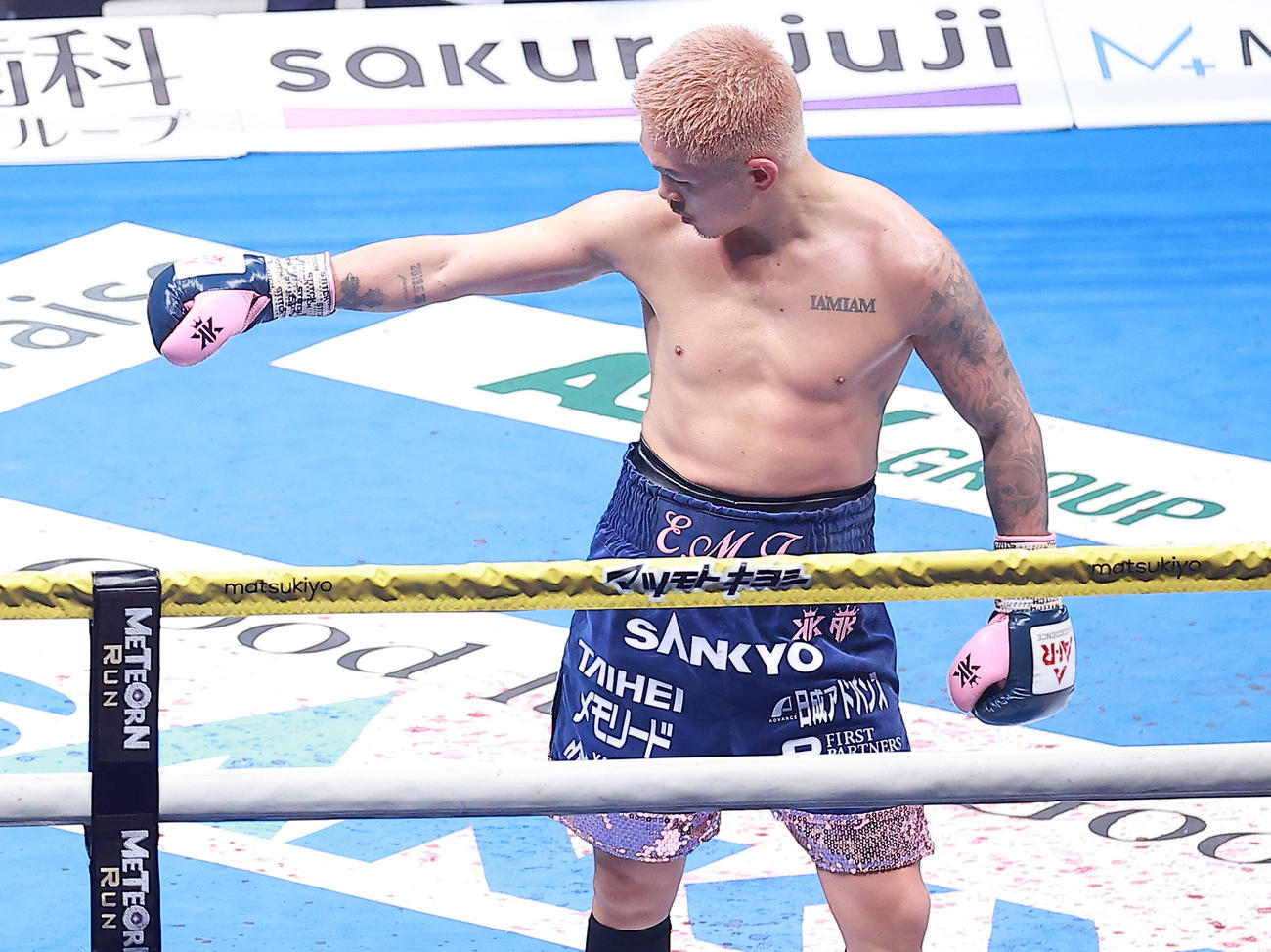 WBA世界バンタム級挑戦の権利を手にしてポーズを決める井岡（撮影・中島郁夫）