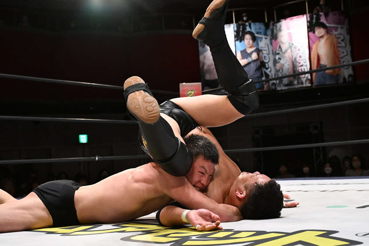 阿部史典を押さえ込む青木真也（左）（C）DDT