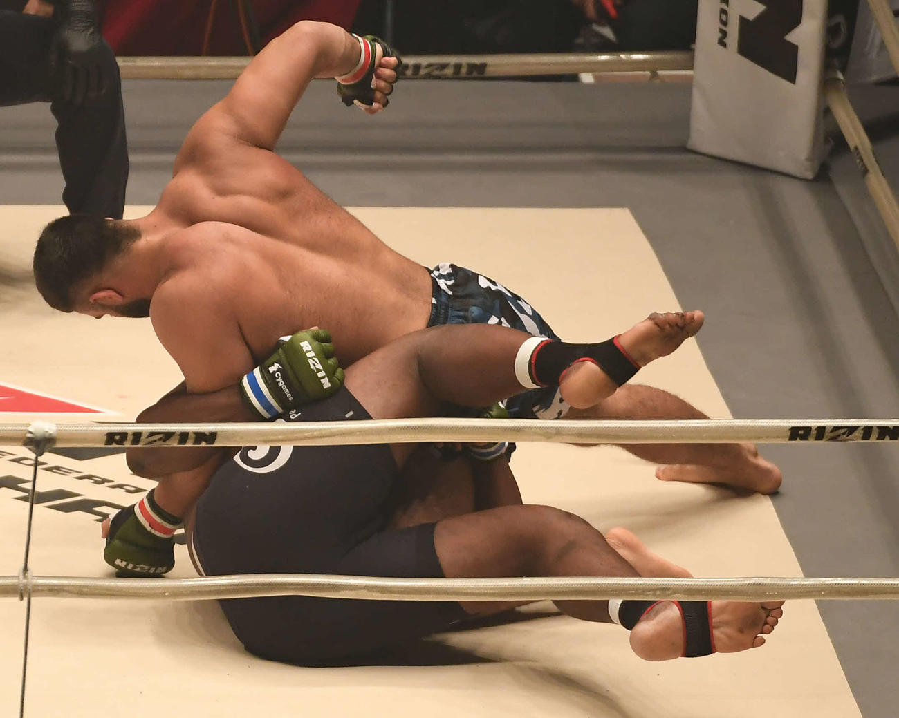 RIZIN MMAルール　無差別級契約　1回、アリアックバリ（上）にパンチを打ち込まれるジェロニモ・ドス・サントス（2017年4月）