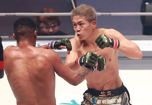 ミックス（左）に襲いかかる秋元（撮影・中島郁夫）
