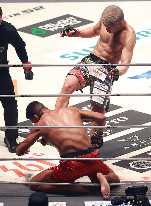 ミックス（下）にキックを浴びせる秋元（撮影・中島郁夫）