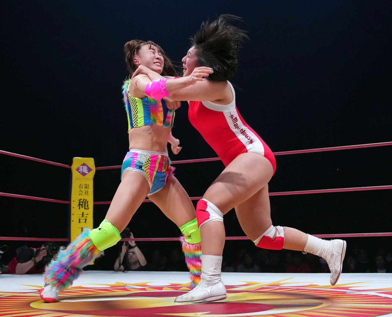 暁千華（右）に攻め込むフワちゃん（撮影・たえ見朱実）