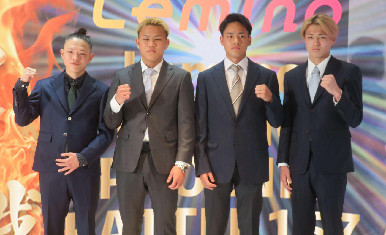 6月10日のフェニックスバトル157でそろい踏み出場する大橋ジムの片岡雷斗（左橋）、藤木勇我（同2番目）、坂井優太（同3番目）、片岡叶夢