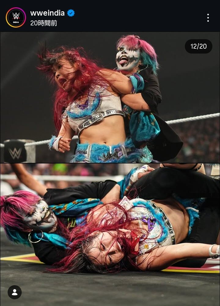WWE女子インターコンチネンタル王座戦で敗れたイヨ・スカイ（上段左、下段右）を襲撃したアスカ（WWEインド公式インスタグラムから）