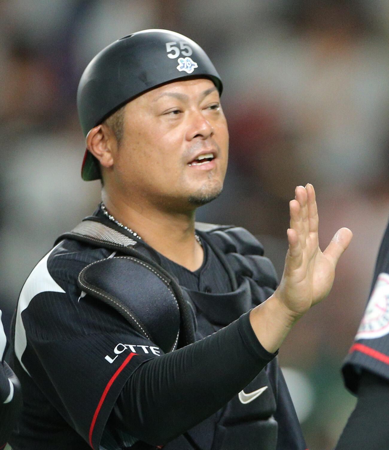 2019年6月8日、東京ドームでの巨人対ロッテ戦でマスクを被ったロッテ細川亨氏