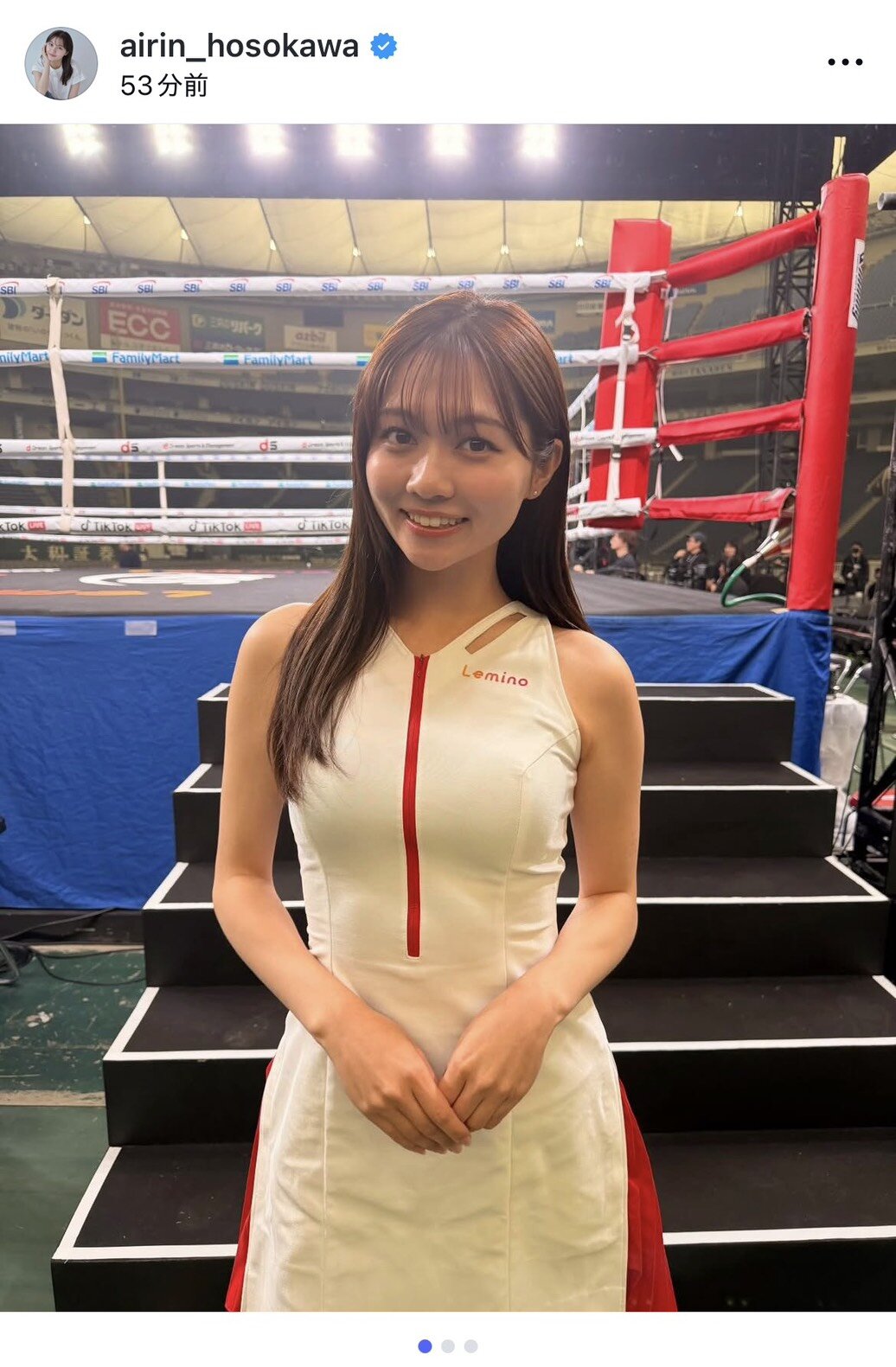 インスタグラムで「THE DAY」でラウンドガールを務めたことを報告した細川愛倫（画像はスクリーンショット）