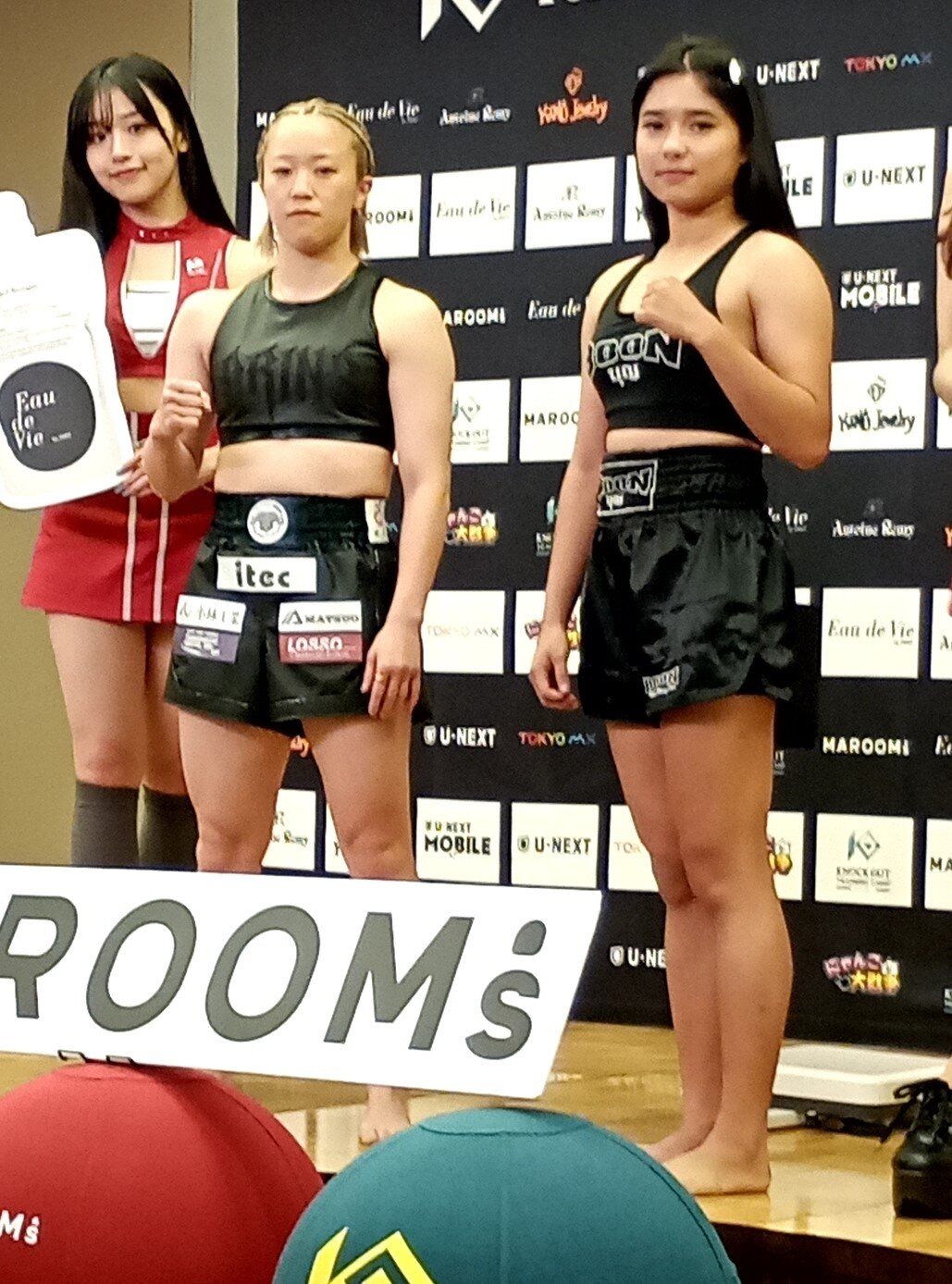 肘ありのREDルールで対戦する小林愛理奈（左）とプードゥアン