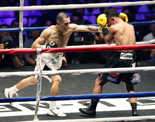 WBA世界バンタム級王座決定戦 4回、比嘉大吾(右)にパンチを打ち込む増田陸(撮影・宮地輝)