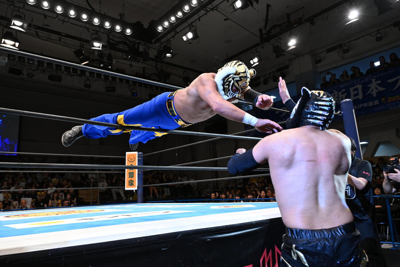 引退試合でブラック・タイガーにトペ・スイシーダを見舞うタイガーマスク（C）新日本プロレス