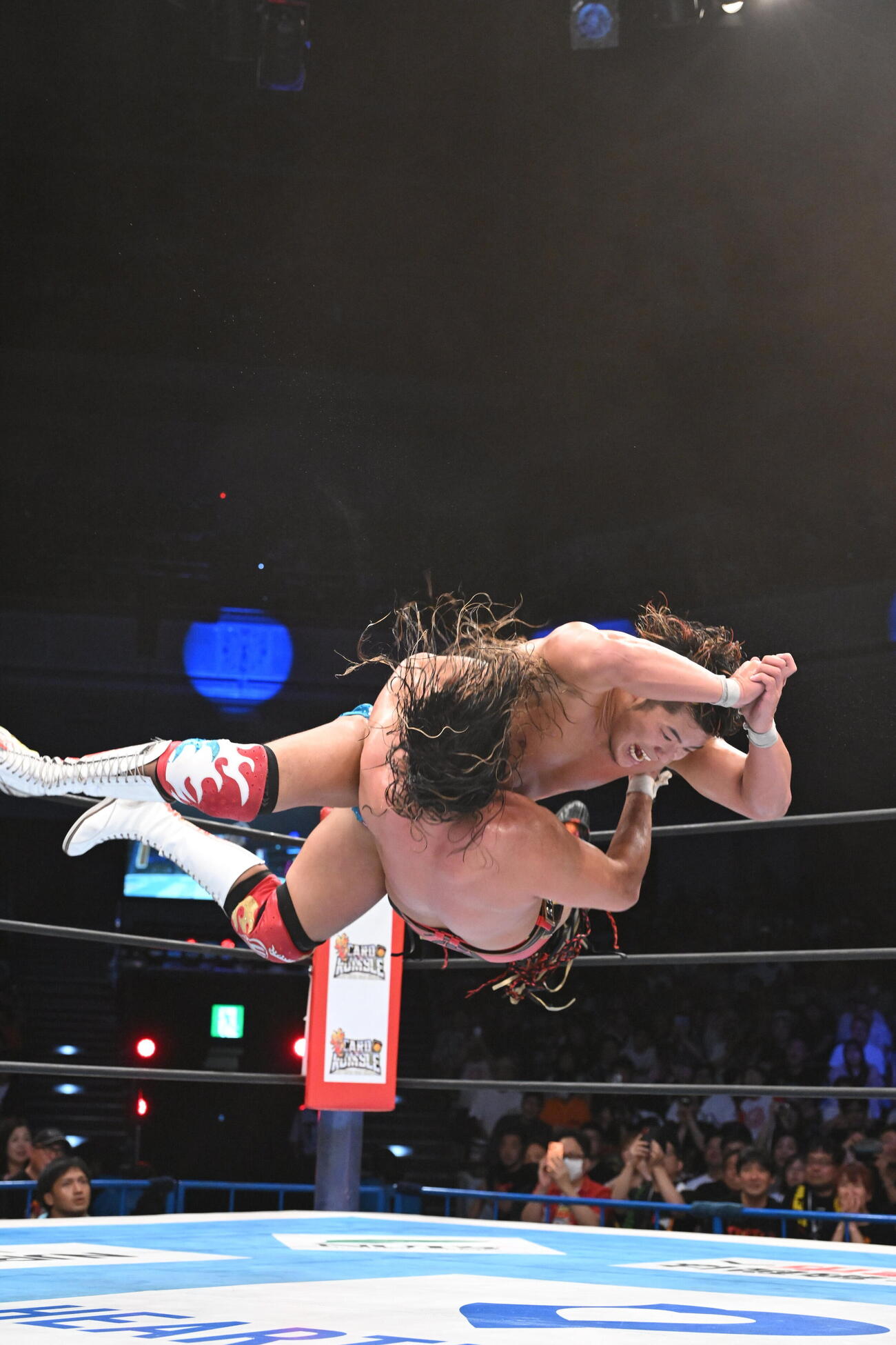 辻陽太（下）にライオンズシャイナーを浴びせる上村優也（C）新日本プロレス
