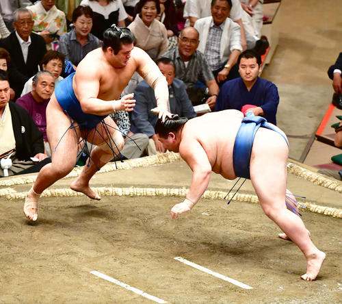 千代の国（左）は引き落としで正代を下す（撮影・小沢裕）
