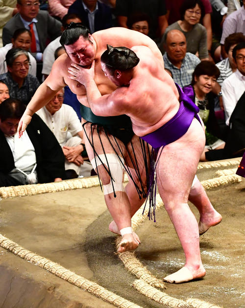 栃ノ心（右）は寄り切りで豊山を下す（撮影・小沢裕）