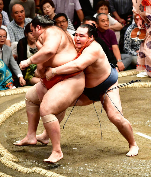 鶴竜（右）は送り出しで魁聖を下す（撮影・小沢裕）