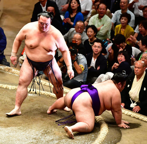 貴景勝（右）を突き落としで下す稀勢の里（撮影・小沢裕）
