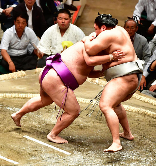 嘉風は押し出しで貴ノ岩を下す(撮影・小沢裕)