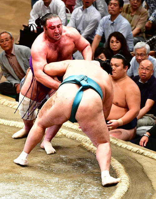 取り直しの一番で栃ノ心(左)は突き落としで玉鷲を下す(撮影・小沢裕)