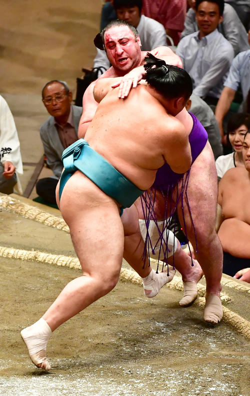 取り直しの一番で栃ノ心は突き落としで玉鷲(左)を下す(撮影・小沢裕)