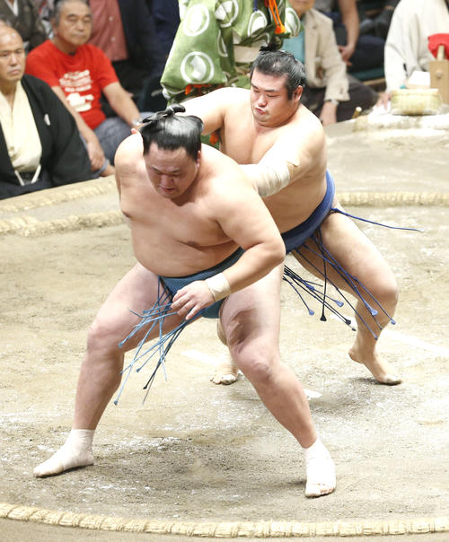 玉鷲（手前）を突き出しで下す千代の国（撮影・河田真司）