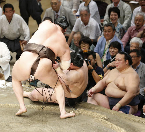 豪栄道（中央）を上手投げで下す白鵬（撮影・河田真司）