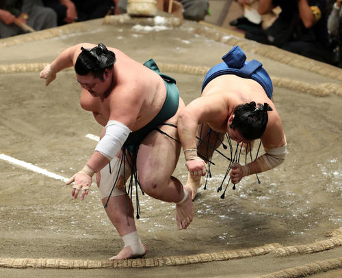 千代の国（右）をはたき込みで破る豊山（撮影・鈴木正人）
