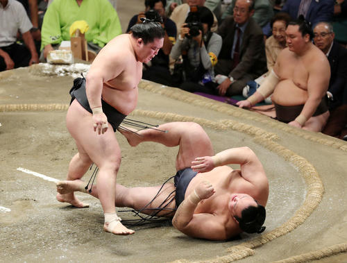 稀勢の里（下）を突き落としで破る豪栄道（撮影・鈴木正人）