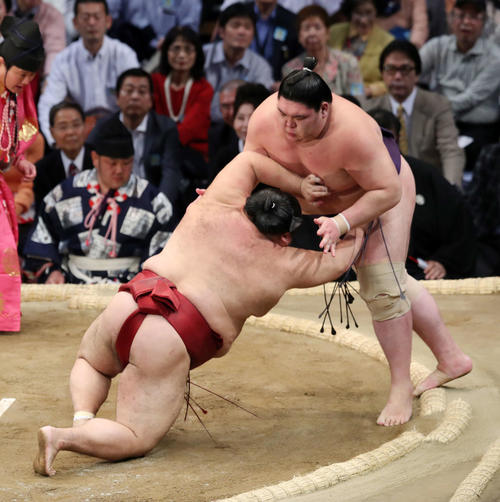 千代丸(左)を突き落としで破る矢後(撮影・鈴木正人)