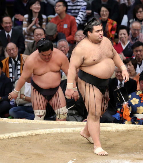 妙義龍(左)を寄り切りで破った高安(撮影・鈴木正人)