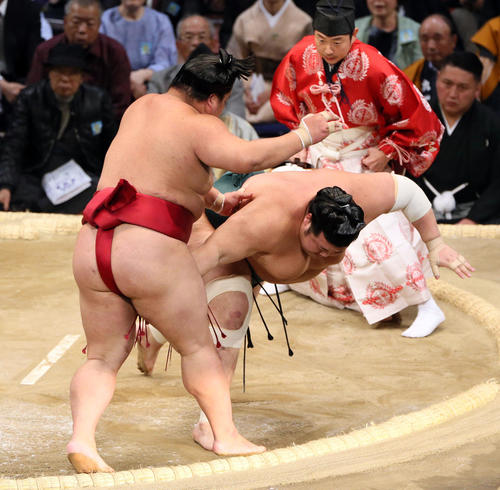 九州場所 豊山(右)に突き落としで勝利した大栄翔(撮影・栗木一考)
