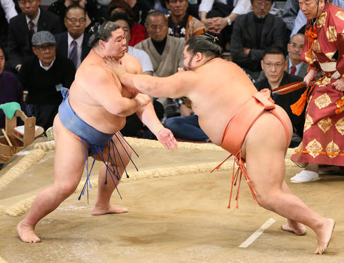 正代(左)に押し出しで勝利する千代大龍(撮影・栗木一考)
