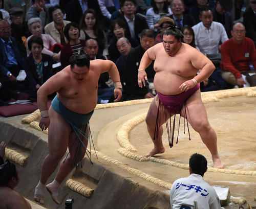 九州場所 玉鷲(右)に押し出しで勝利する御嶽海(撮影・栗木一考)