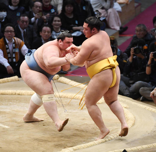 大相撲九州場所3日目 遠藤を突き出しで破る碧山(撮影・今浪浩三)