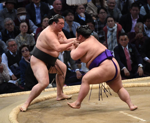竜電を突き落としで破る貴景勝(右)(撮影・今浪浩三)