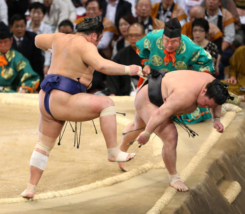 大相撲九州場所 豪栄道はすくい投げで栃煌山に敗れる(撮影・菊川光一)
