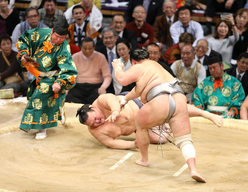 大相撲九州場所　横綱稀勢の里は北勝富士に突き落としで敗れ3連敗を喫した（撮影・菊川光一）