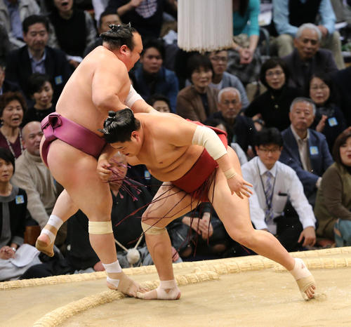 阿炎は押し出しで宝富士を下す(撮影・菊川光一)
